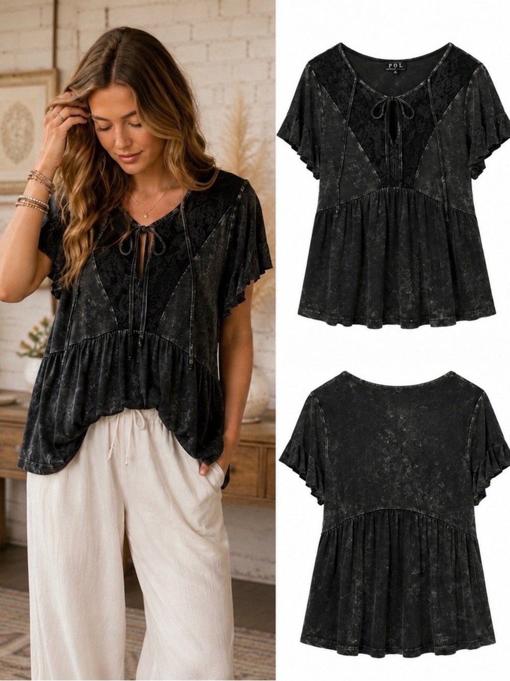 POL Clothing Black Mineral Wash Lace Babydoll Boho Top Size S